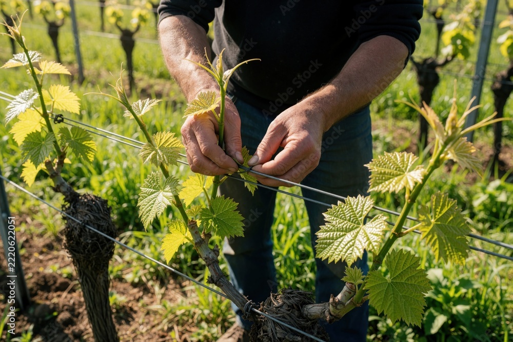 Naklejka premium Male farmer hands tie young green grapevines to metal support wires in sunny vineyard. Manual labor during spring season for viticulture maintenance. Worker secures plants to trellis for healthy