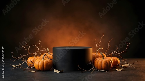 Black round product display podium decorated with orange pumpkins and dry autumn branches.