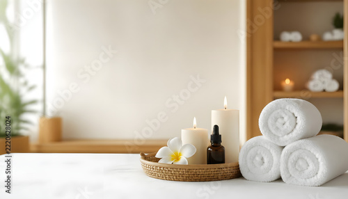 Spa and Aromatherapy Background with Lit Candles, Frangipani Flower, and Essential Oil