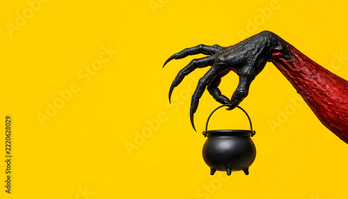 Spooky Black Witch Hand Holding a Cauldron on a Yellow Background