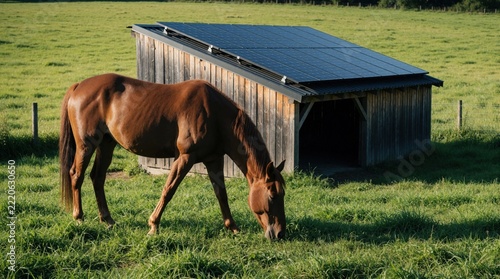 Brown horse grazes green grass in summer pasture. Large solar panels on wooden barn roof provide renewable energy. Modern eco farm landscape with livestock near sustainable tech facility. Rural