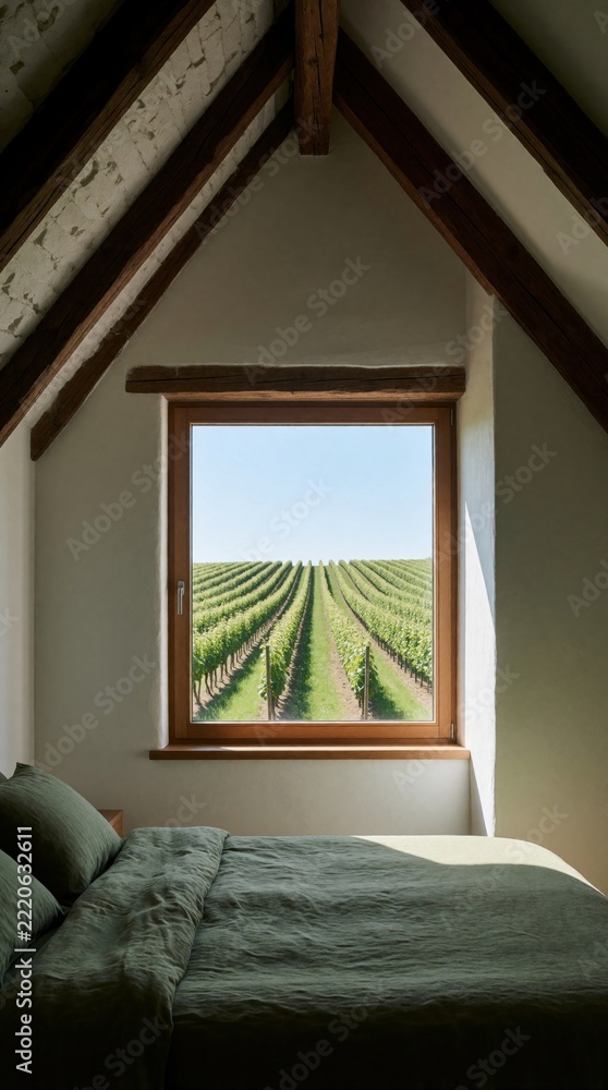 Naklejka premium Cozy attic bedroom with wooden beams, sloped ceiling. Minimalist rustic design features green linen bedding. Large window overlooks rich vineyard rows under blue sky. Natural light fills quiet rural