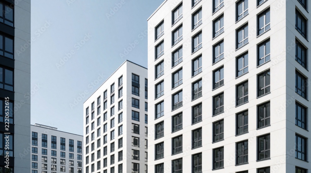 Fototapeta premium Modern white apartment buildings with many windows under blue sky. Contemporary residential complex shows geometric pattern, minimalist architecture. Tall housing blocks create urban cityscape in