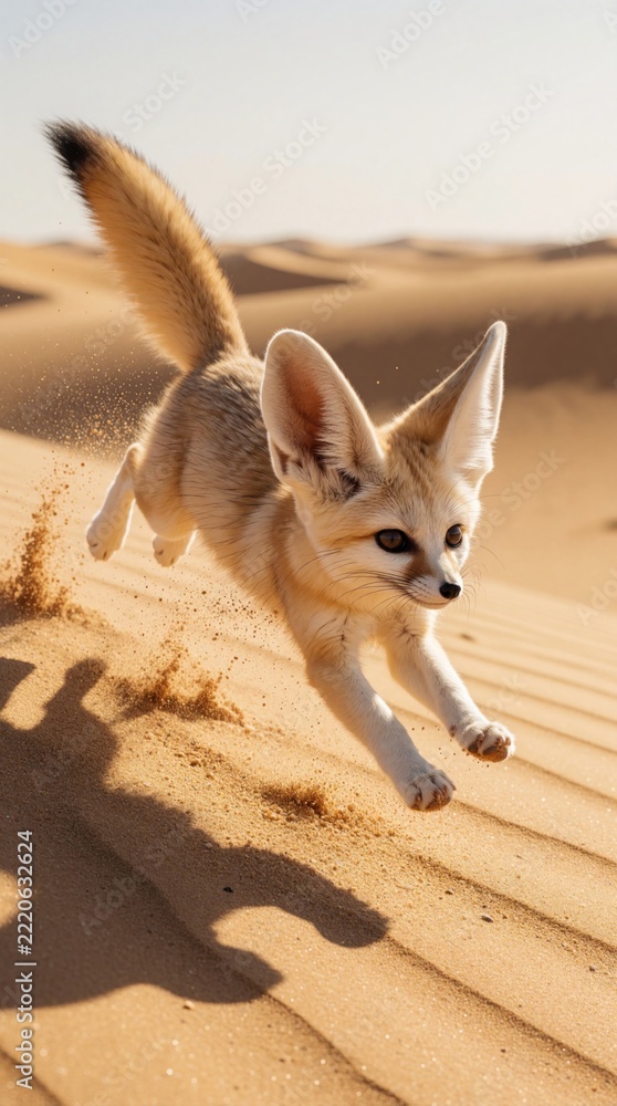 Fototapeta premium Small fennec fox jumps through desert sand dunes. Cute wild animal with large ears leaps in motion across golden dunes. Playful furry creature runs in hot arid landscape during sunset. Energetic