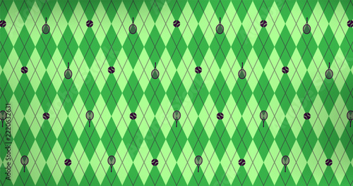 Tennis Club Fabric Seamless Pattern, Argyle Racket and Ball Print. Preppy Green Argyle Fashion Print. Stylish Trendy Vector Design.