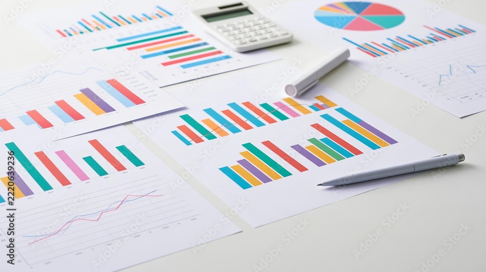 Obraz premium Desk with various financial charts and graphs spread out on it. there are several papers with colorful bar graphs and charts on them, as well as a calculator and a pen.