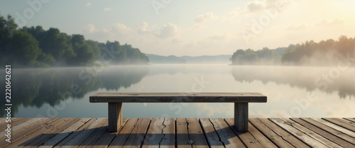 Vacant seating facing tranquil misty lake at dawn serene for wellness retreat marketing, meditation apps, and peaceful wallpaper backgrounds