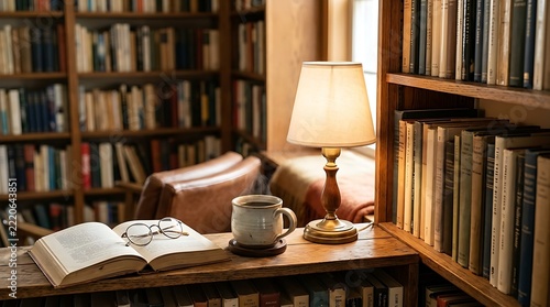 Cozy library corner with open book, coffee, and lamp