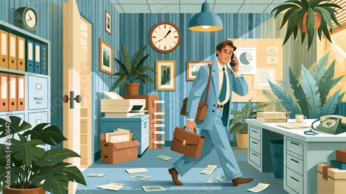Illustrated businessman walking through a busy retro office while talking on the phone, representing corporate work, communication and business travel