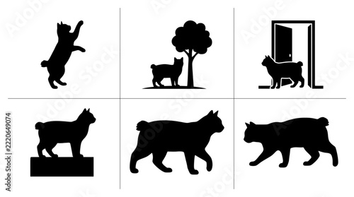 Obraz na plátně American Bobtail cat silhouettes set with climbing, standing by tree, entering d