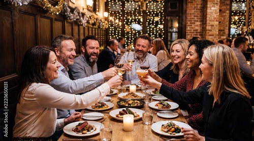 Friends Celebrating New Year’s Eve With Dinner And Midnight Toast At Festive Restaurant