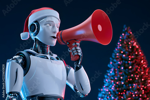 Advanced Artificial Intelligence Robot in a Festive High-Tech Studio with Blue and Red LED Lighting