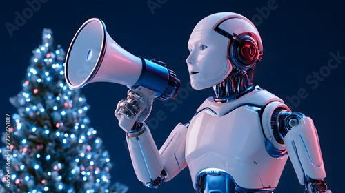 Photorealistic Futuristic Robot with Megaphone and Minimalist Illuminated Christmas Tree on Dark Navy Background