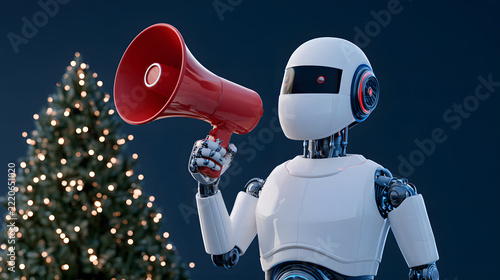Futuristic AI Humanoid Robot Holding a Megaphone Beside a Christmas Tree