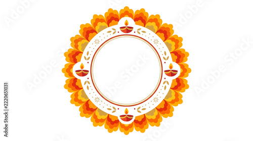 Decorative circular Diwali rangoli frame with oil lamp on white