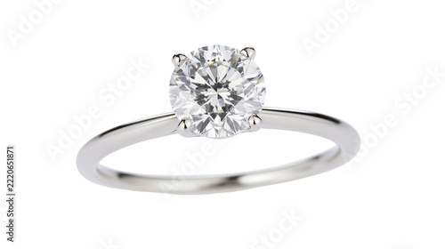 Solitaire diamond engagement ring with round brilliant cut stone and silver band
