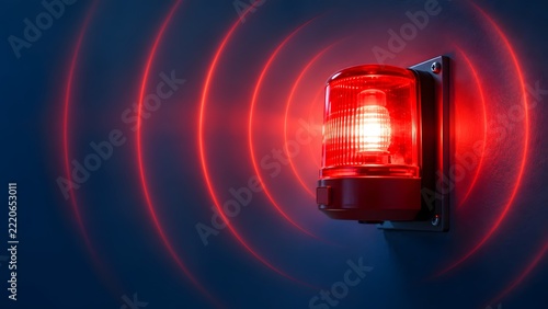 Glowing Red Emergency Siren Beacon Mounted on a Wall Emitting Concentric Light Waves and Warning Signals in a Dark Industrial Setting for Safety Security and Hazard Alert Concept