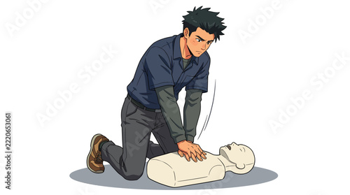 Male Instructor Performing CPR on Training Dummy for Medical Emergency Training and First Aid Education
