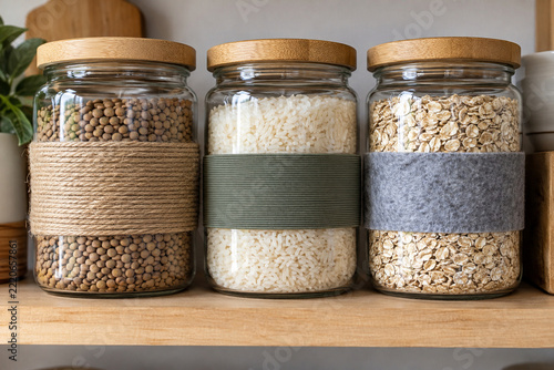 Pantry jars distinguished by textured bands on a kitchen shelf