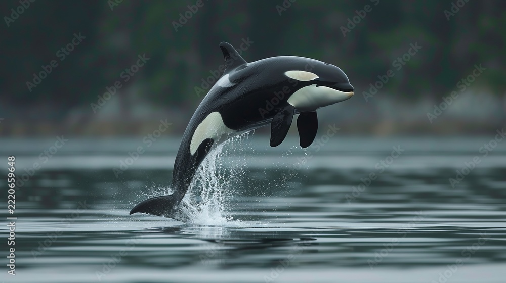 Obraz premium A powerful orca whale breaches the ocean surface, creating a stunning splash