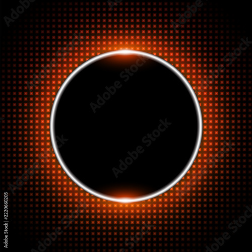 Futuristic neon circle orange frame with metallic border on dark dotted backg...