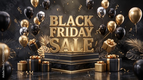Premium Black Friday Sale Sign With Golden Balloons And Decorative Tropical Leaves And Gifts