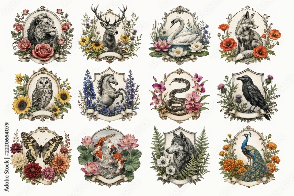 Fototapeta premium Vintage botanical animal illustration collection