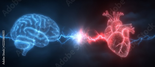 Glowing brain and heart connected by electric sparks