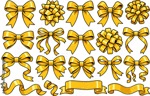 Collection of Golden Decorative Bows for Gifts and Holiday Design