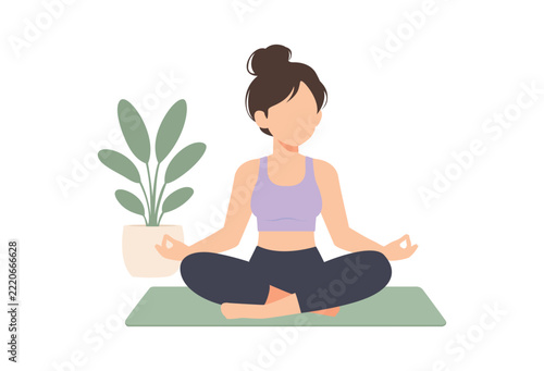 Adult Woman Meditating in Lotus Pose on Yoga Mat Isolated on White Background