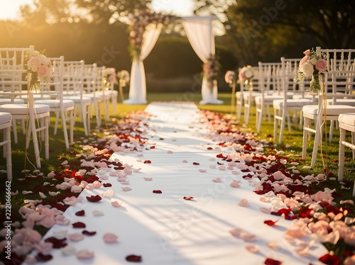 Luxury Wedding Decoration Collection Featuring Outdoor Ceremony Arch, Rose Petals Aisle, Champagne Toast and Stationery