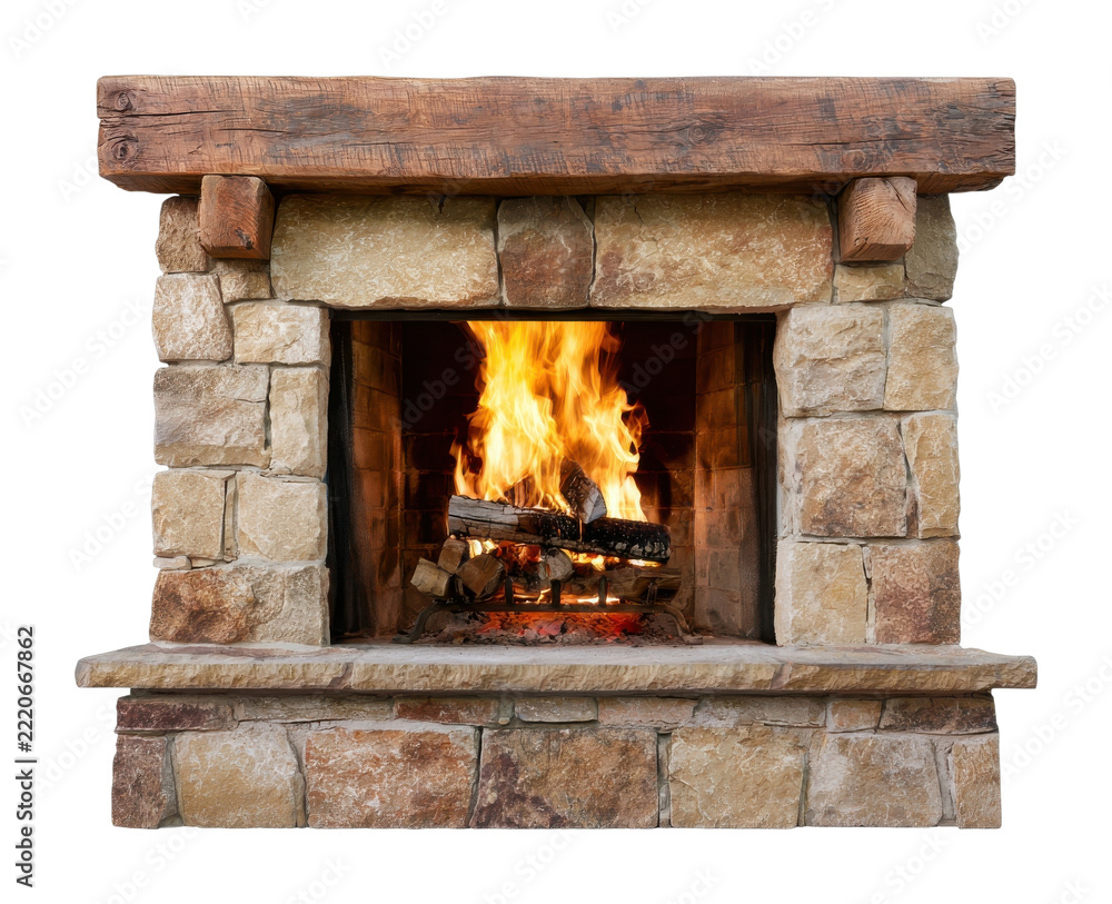 Naklejka premium PNG Rustic stone fireplace with glowing flames and wooden mantel