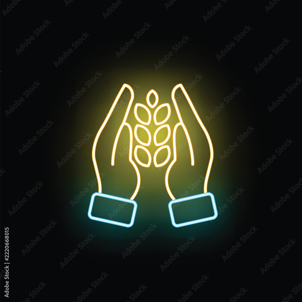 Naklejka premium Hands cradling a glowing wheat plant, symbolizing nurturing and organic agriculture