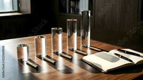 Business Growth Glass Bar Chart On Executive Office Desk With Notebook