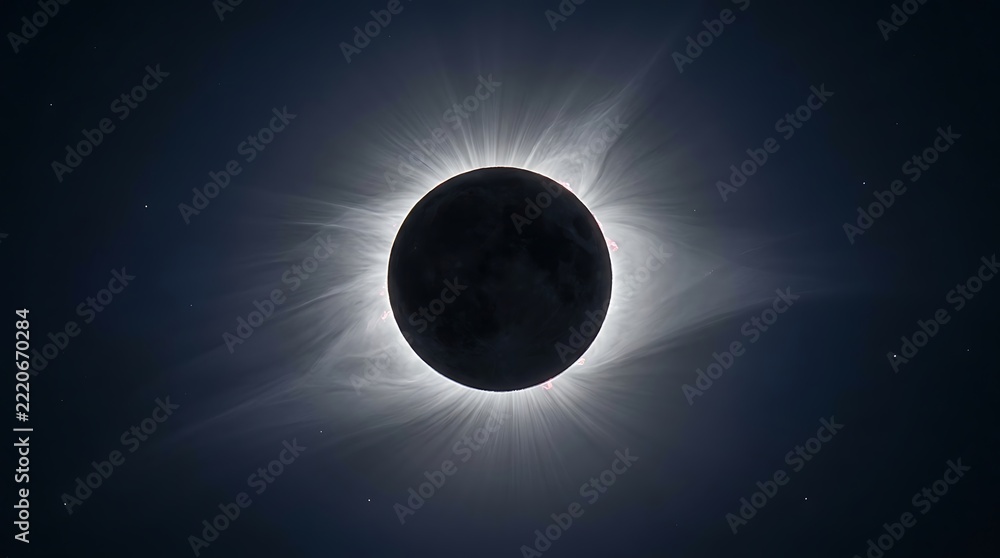 Naklejka premium Total solar eclipse with visible corona glowing in the dark sky