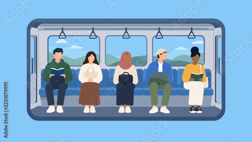 Diverse passengers commuting inside modern public train or metro carriage with scenic window view flat illustration