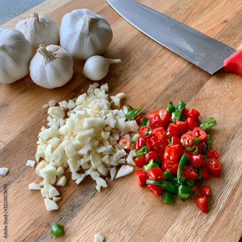 Finely Chopped Garlic and Bird’s Eye Chilies on a Cutting Board