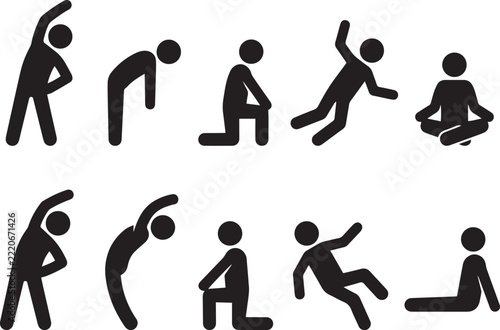 Stick figure silhouettes depicting various yoga poses and physical exercises on a white background
