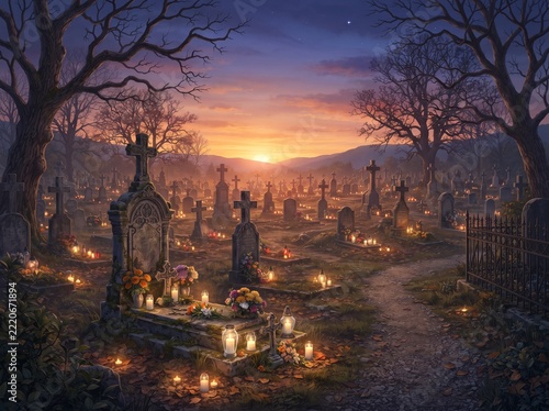 Glowing candles on cemetery graves at sunset during all saints day