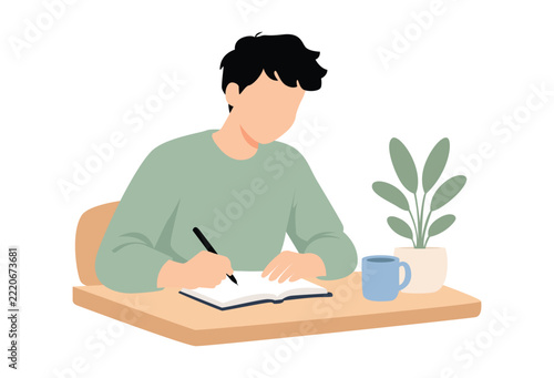 Adult Man Writing in a Personal Journal for Mental Wellness Isolated on White Background