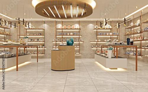 Elegant Retail Store Interior with Ceramic Tableware Display
