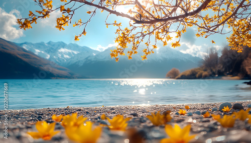 Cheerful yellow flowers on beach sand, blue sky above, bright coastal summer atmosphere.

