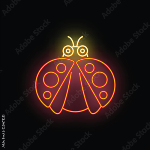 Ladybug icon glowing with bright neon light on a dark background