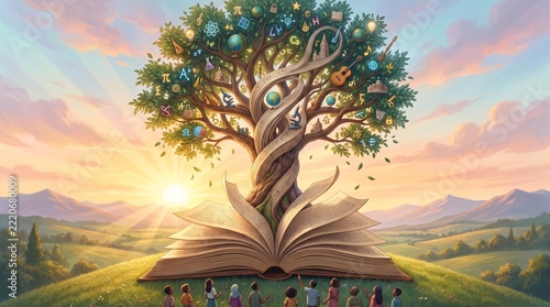 A magical tree growing out of an open book symbolizing knowledge and imagination at sunrise.