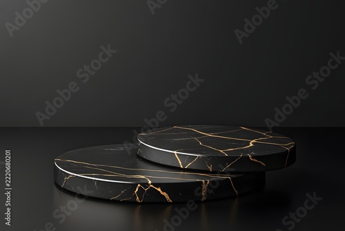 Black background with two round podiums, one above the other, elegant tiered display concept.

