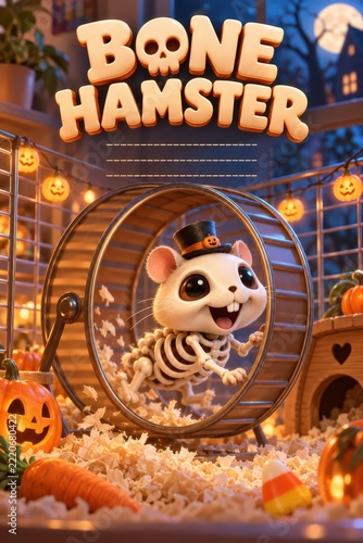 Cute 3D animated Halloween poster of a tiny skeleton hamster running on a squeaky wheel in a cosy cage with tiny pumpkins and lights with copy space