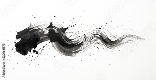 Abstract black ink brush stroke isolated on a transparent background featuring dynamic expressive calligraphy movement with fluid wave patterns and scattered splatters spreading across the composition