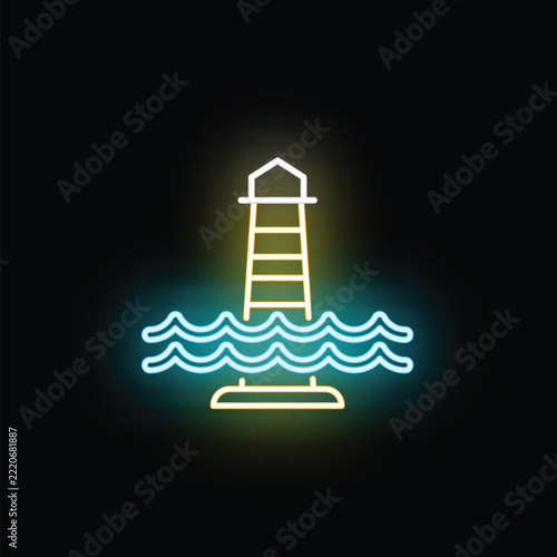 Lighthouse neon sign illuminated, standing in sea waves, guiding maritime navigation