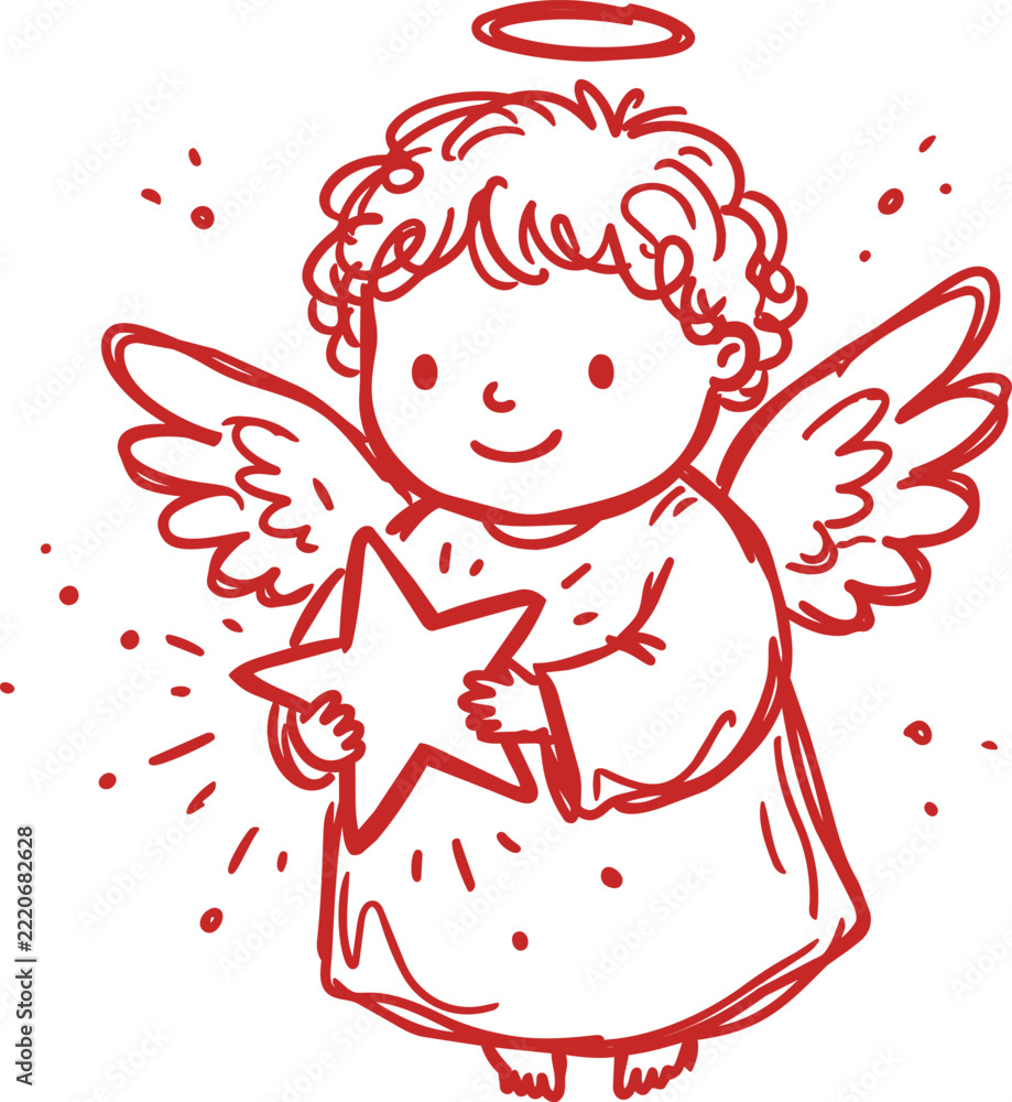 Fototapeta premium Hand drawn cute angel holding star with halo