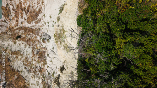 Vertical top down aerial view at Cape Asprokavos showing the abrupt natural border between steep rocky coast cliffs and dense green forest